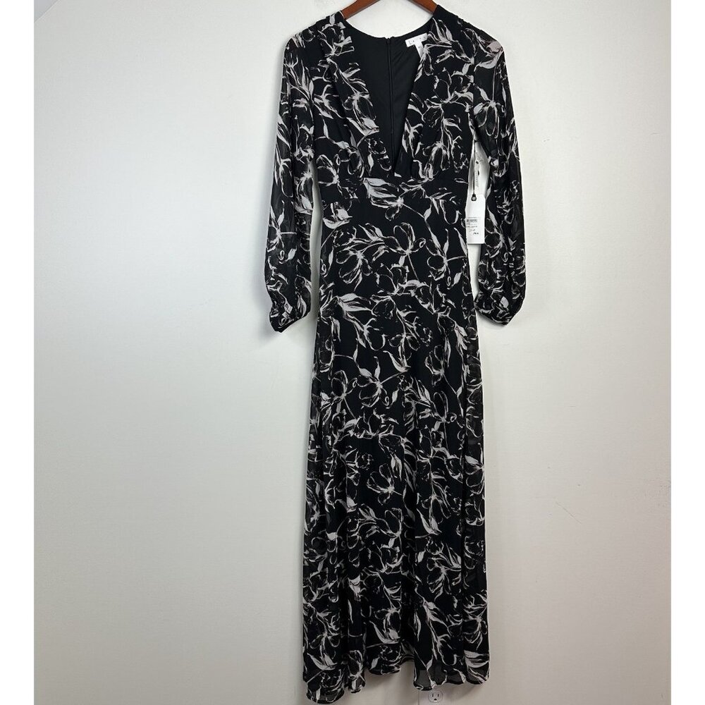 New Leith Black Floral Maxi Dress Women XXS Deep V Neck Long Sleeve Chiffon Sexy